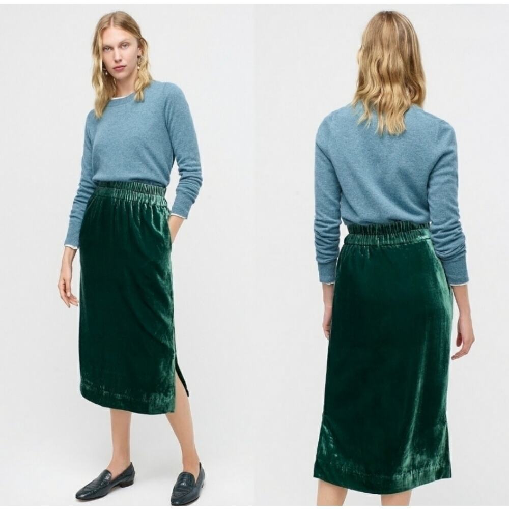 NWT Velvet Pull-On Midi Skirt Green Side Slits Elastic Waist Sz M Holiday Party